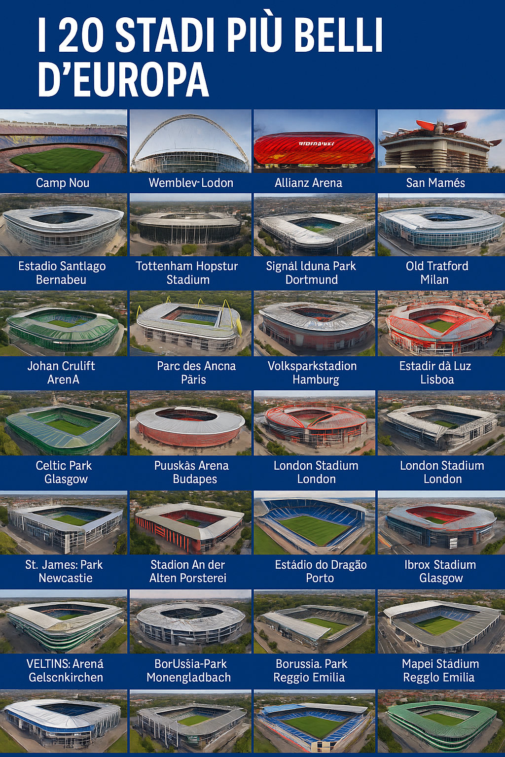 "I 20 stadi più belli d’Europa nel 2025 con Camp Nou, Wembley, Allianz Arena, Bernabeu, San Mamés e altri impianti europei iconici