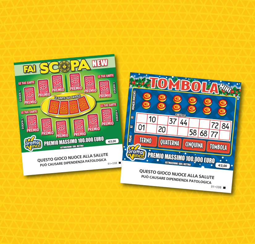 Biglietti Gratta e Vinci italiani: esempi di gratta e vinci da 1, 5 e 10 euro acquistati in tabaccheria