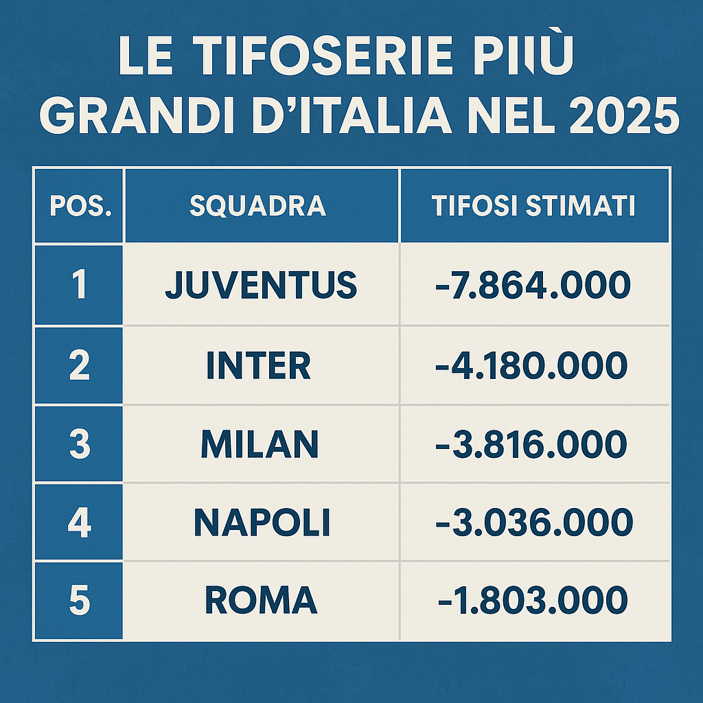 Classifica delle tifoserie più grandi d’Italia nel 2025 con Juventus, Inter, Milan, Napoli e Roma e numero stimato dei tifosi secondo StageUp Ipsos